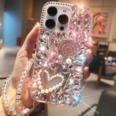 Luxury Fashion Crystal Pink Hard Case with Pearl Heart Design and Crystal Lanyard, Compatible with iPhone 17 Pro Max and 16 Plus