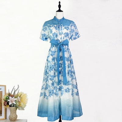 Single Breasted Bubble Sleeve Printed Lace Up Dress