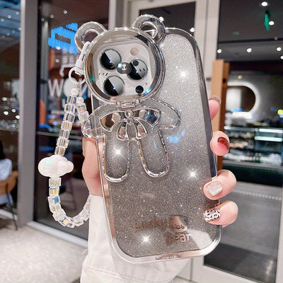 Glitter Gradient Lucky Bear Case with Invisible Bracket & Lanyard for iPhone 11/12/13/14/15 / Pro / Pro Max