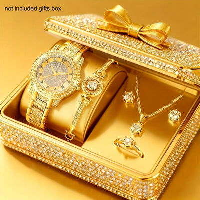 Elegant Round Quartz Watch with 5-Piece Jewelry Set – Minimalist Luminous Design for Women