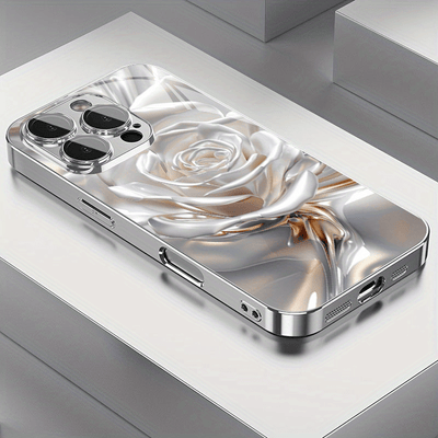 Phone Case: Premium Silvery Creative Business Rose Pattern Trendy Fashion New Electroplated Glass Phone Case with Lens Protection for iPhone