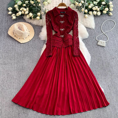 French Chic Lace-Patchwork Notch-Neckline Formal Dress