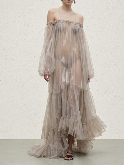 Sheer Off-shoulder Ruffle Maxi Dress