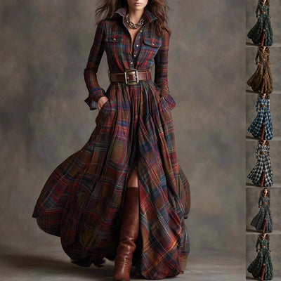 Ins Plaid Print Long-Sleeved Dress Fashion Pockets Collared Buttons Shirt Long Dresses Retro Women's Clothing