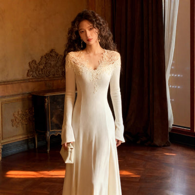 Womens Fashion Lace-Trim Knitted Long-Sleeve Dress
