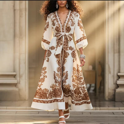 Elegant Printed V-Neck Dress With Puffed Sleeves