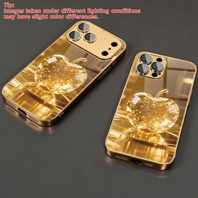 Phone Case - 1pc Shiny Golden Crystal Apple Pattern Electroplated Golden HD Glass Phone Case for Iphone 17/17Pro/17Promax/17Air/16/16Pro/16Promax/16Plus/16E/15/15Pro/15Promax/14/14Pro/13/13Pro/12/12Pro/12Promax/11/11Pro Fashi