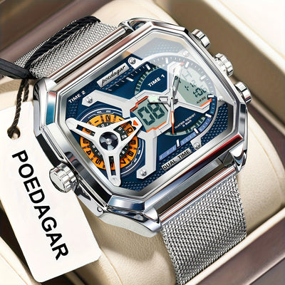 POEDAGAR men & women Sports Electronic Watch - Dual Time Zone,, Luminous, Stopwatch, Weekly Calendar, Stainless Steel Mesh Band, Blue & Orange Transparent Case, Digital Display, Outdoor Timekeeping | Robust Watch Design