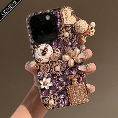 Phone Case - A Luxurious Purple Diamond Perfume Bottle, Pumpkin Carriage, Pearl Flower, And Heart-Shaped Phone Case for Iphone 17, 16, 15, 14, 13, 12, And 11. Handcrafted with Rhinestones, Unique, for Women, And a Perfect Gif