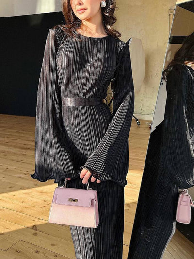 Black Pleated Belted Long Sleeve Dress