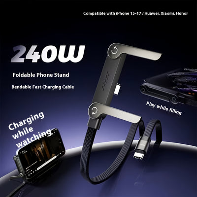 MAX 240W Fast Charging Type C to Type C, Stand Data Cable, Multifunctional Data Cable, Car Data Cable, Suitable for Iphone 17 to Iphone 15 Series, Braided Cable with Dual Type C Charging Ports, Samsung S25, Etc