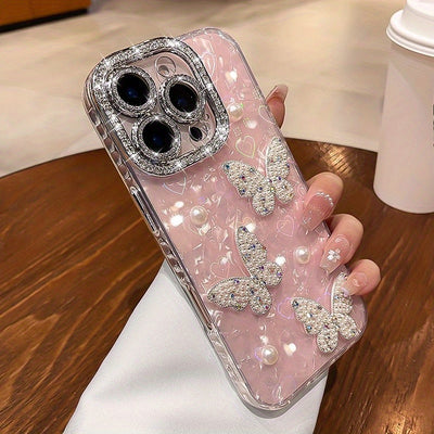 Phone Case - A Protective Case for The Iphone 15 Featuring a Three-Dimensional Pearl Butterfly Design, Compatible with The Iphone 17 Pro Max, Complete with a Diamond Lens Cover And Full Drop Protection, Suitable for Models 11