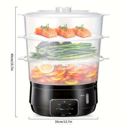 3-Tier Electric Food Steamer – 13.7QT Capacity, 800W Power, 60-Minute Timer, BPA-Free Baskets, Black