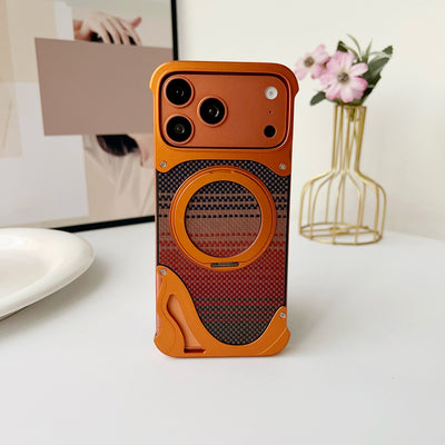 Stylish And High-Quality Carbon Fiber Back Phone Case for Iphone 17 Pro Max, Featuring an Aluminum Alloy Magnetic Rotating Stand, Borderless Design, Durable Materials, Fingerprint And Oil Stain Resistance, Dustproof, And Quic