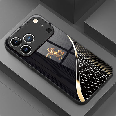 Phone Case - Phone Case - 1pc Golden Prancing Horse Dark Pattern Tempered Glass Phone Case for Iphone 17/17Pro/17Promax/17Air/16/16Pro/16Promax/16Plus/16E/15/15Plus/15Pro/15Promax/14/14Plus/14Pro/14Promax/13/13Pro/13Promax/12
