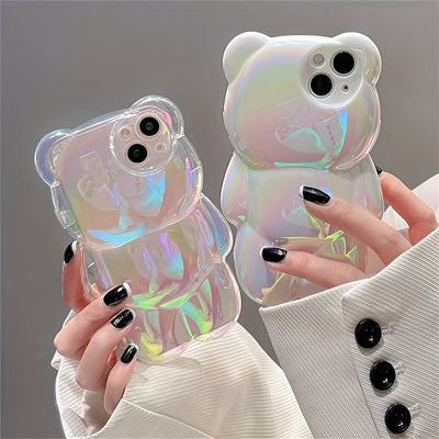 Cute Bear Aurora Laser Transparent Case for iPhone 11/12/13/14/15 Plus & Pro Max – Clear Soft Silicone Cover
