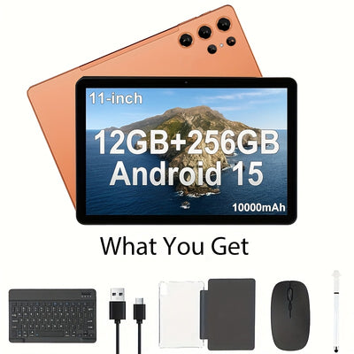 Android 15 Tablet Latest Tablets, 11 Inch Tablet 12GB RAM 256GB ROM 1TB Expand, 10000Mah Battery 2 in 1 Tablet with Optional Keyboard, Case, Stylus, 4-Core Tablet PC, Wifi, 8MP+20MP Dual Camera, 1280 * 800 FHD IPS Screen, Ide