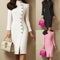 Fall Fashion Long Sleeve Stand-up Collar Slim Fit Metal Button Split Dress