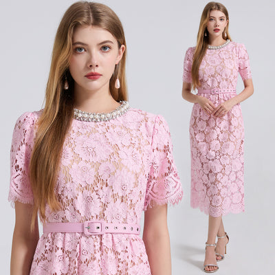Lace Crew-Neck Beaded High-Waisted Defined-Waistline Dress