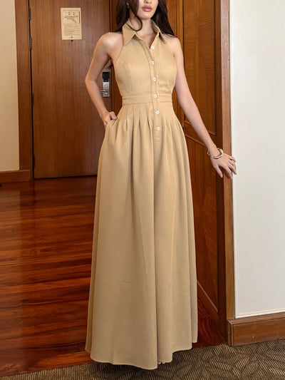 Commuter Single-breasted Backless Solid Color Shirt Dress