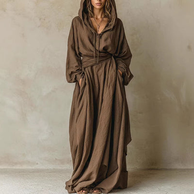 Womens Casual Loose-fitting Hooded Dress With A Belt