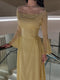 Yellow Pleated Belted Ruffled Sleeves Maxi Dress