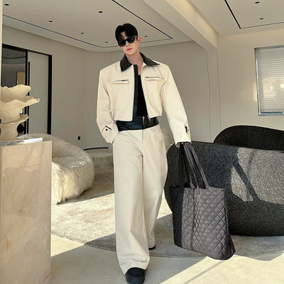 Mens Color-Block Patchwork Leather Zip-Up Top And Casual Wide-Leg Pants Set