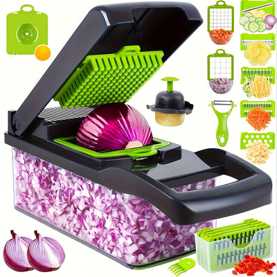 Multifunctional 16-in-1 Food Chopper – Includes Vegetable Chopper, Onion Chopper, Dicer, Slicer, Strainer Basket & Containers for Salad, Potatoes, Carrots, Garlic