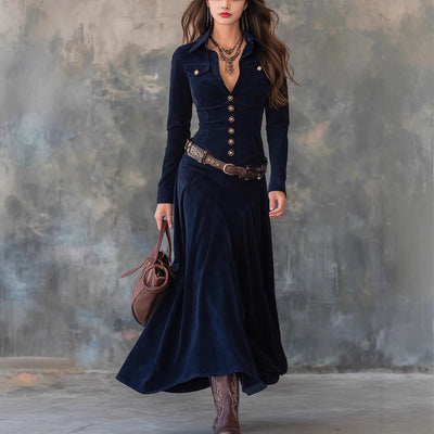 Long-sleeved Literary Temperament V-neck Dress For Women