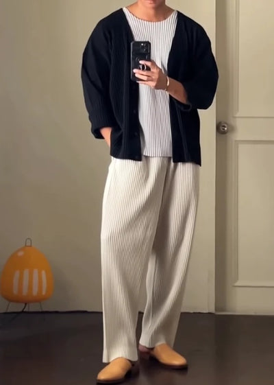 Three-Piece Suit Men's Casual Pleated Short-Sleeved Cardigan And Pants