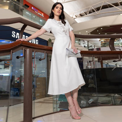 New Stylish Long Dress With A Round Neckline Bow Detail And Patchwork Design