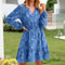 V Neck Elastic Waist Flared Womens Dress With Long Sleeves And Ruffled Hem