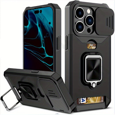 Shockproof Hard Phone Case with Metal Stand & Card Slot for iPhone 11/12/13/14/15 Pro Max