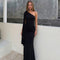 Single-shoulder Pleated Slim-fit Solid-color Dress