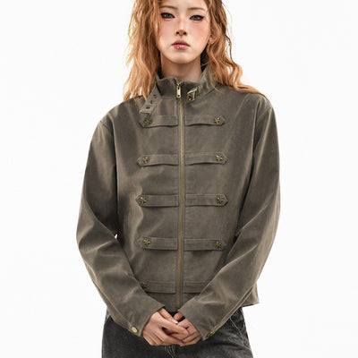 Womens Retro Star-Studded Suede Stand-Up Collar Coat
