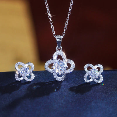 Stunning CZ Jewelry Set Round Zirconia Flower Stud Earrings Necklace Pendant 925 Sterling Silver Jewelry Set for Lady Daily Wear