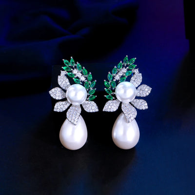Symmetrical Leaf Shape Green White Zirconia Long Big Imitation Pearl Drop Dangle Earrings