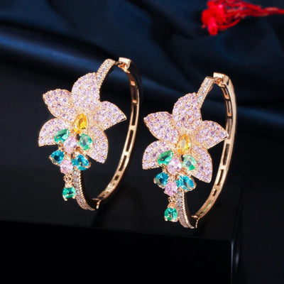 Colorful Cubic Zircon Gold Plated Big Tassel Drop Flower Charm Round Hoop Earrings for Women Luxury Design Jewelry