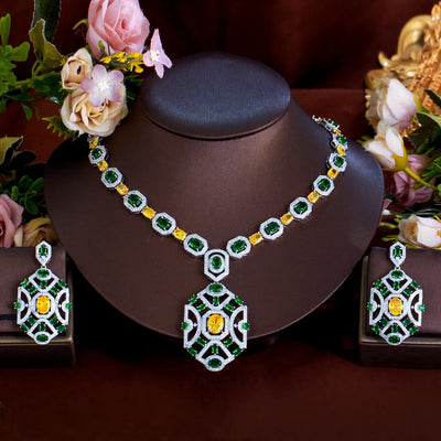 Super Luxury Yellow Green Zirconia Wedding Banquet Big Chunky Necklace and Earrings Bridal Party Costume Jewelry Sets for Women
