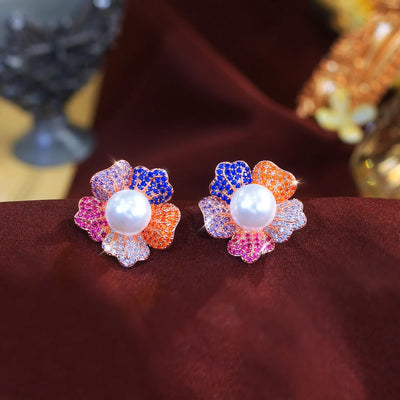 Cute Multicolored CZ Stud Earrings Cubic Zircon Flower Pearl Stud Earrings for Women Party Jewelry With Rose Gold Plated Jewelry