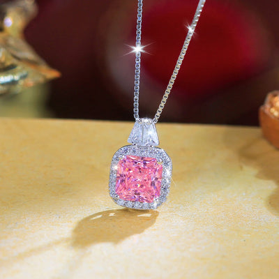Pendant Necklace Pink Cubic Zircon Princess Cut Pendant Necklace for Lady Daily Wear 925 Sterling Silver Jewelry