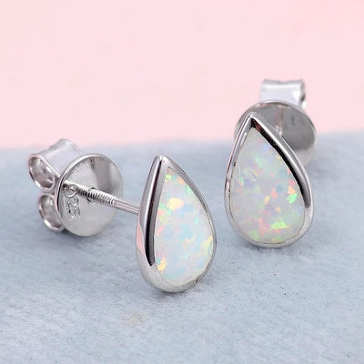 925 Sterling Silver Earring 18k White Gold Plating Pear Cut Opal Stud Earrings  Jewelry Women Girl's Gift Wholesale