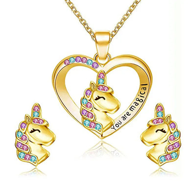 Cute Colorful Zircon Unicorn Necklace, Bracelet & Earrings