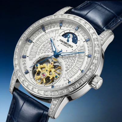 Automatic Men's Watch Full Diamond Skeleton Sculpted Flywheel Sun Moon Stars Power