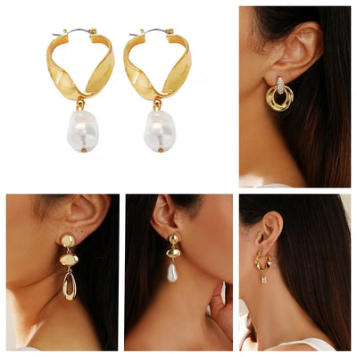 New Arrival Trendy Gold Plated Pearl Drop Earrings for Women Minimalist Geometric Hoop Earrings Jewelry