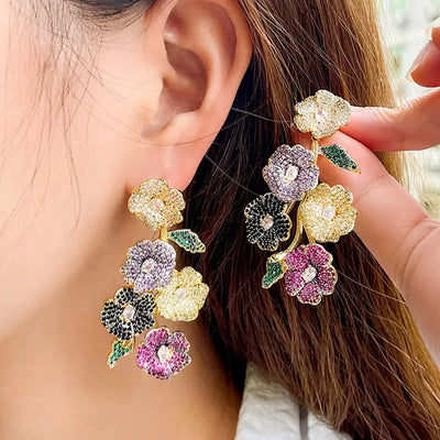 Micro Inlaid Colorful Cubic Zircon Wedding Bridal Jewelry 3D Luxury Statement Big Long Flowers Ear Drop Earrings