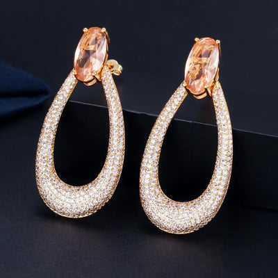Yellow Gold Color Micro Paved Cubic Zircon Stone Big Long Round Drop Dangle Earrings for Women Engagement Wedding Party Jewelry