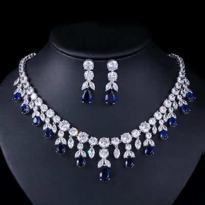 Luxury Dark Blue CZ Bridal Necklace & Earring Set