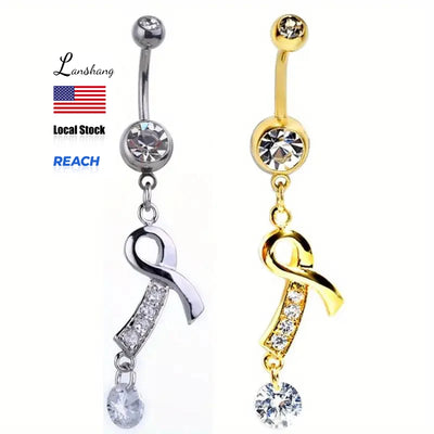 Surgical Stainless Steel Body Piercings Navel Ring CZ Ribbon Design Hypoallergenic Belly Button Ring for Women Men