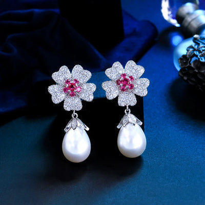 Luxury Cubic Zirconia Pave Geometric Big Rose Red Flower Earrings Wedding Pageant Long Dangle Pearl Drop Earrings for Women